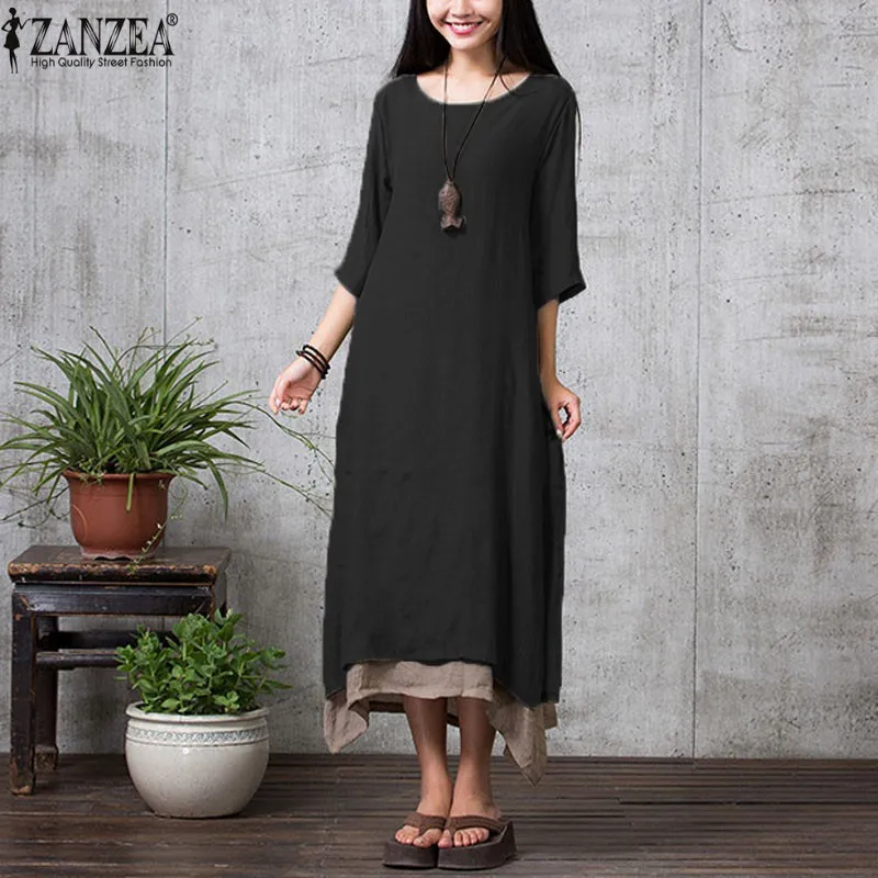 ZANZEA, 9 цветов,, летнее платье, женское, повседневное, свободное, Vestidos, хлопок, лен, длинное платье, макси, платье, рубашка, Ретро стиль, размера плюс - Цвет: Black