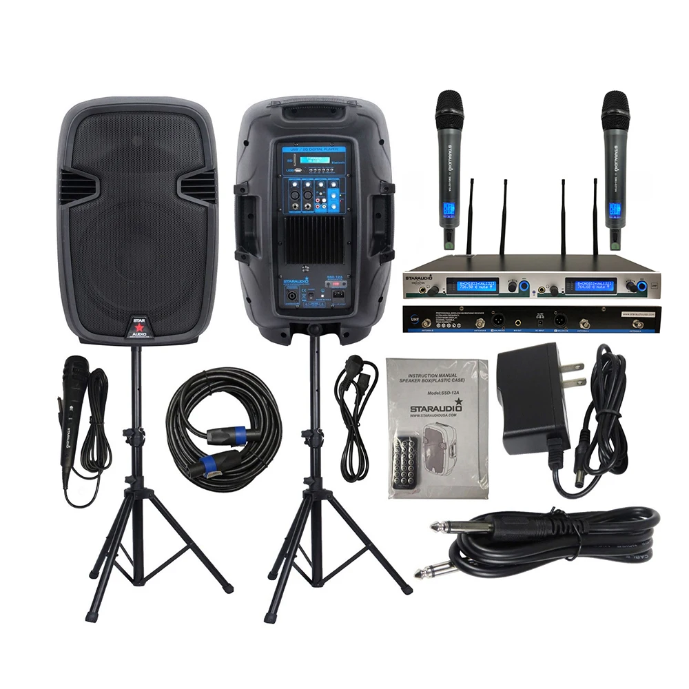 STARAUDIO 2X 2000W 12&quot Active PA Powered Speakers DJ Speaker Stands Wired Microphone 2CH PLL UHF Wireless Handheld Mic SSD-12A |