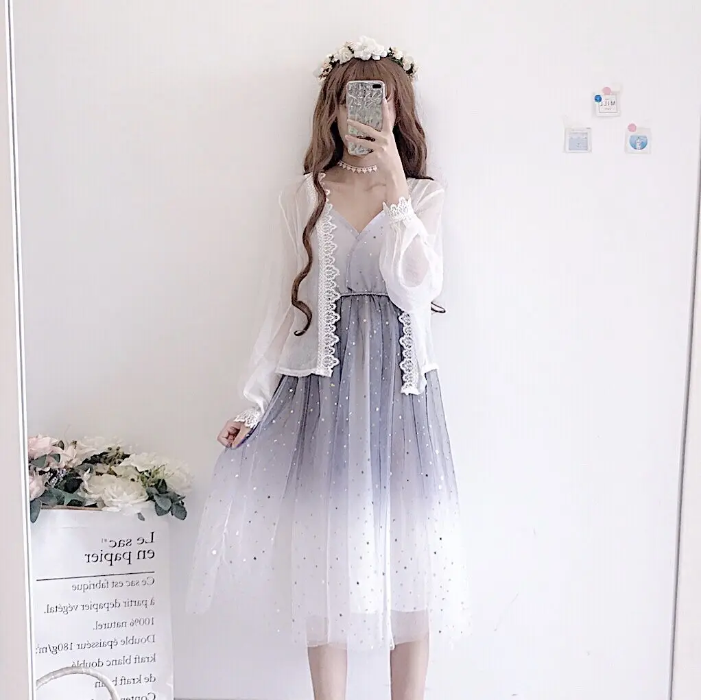 Summer 2019 New Japanese Tens Girls Gradient Color Sling Mesh Dress + Lace Cardigan Top Fashion Temperament Two-piece Suit | Женская