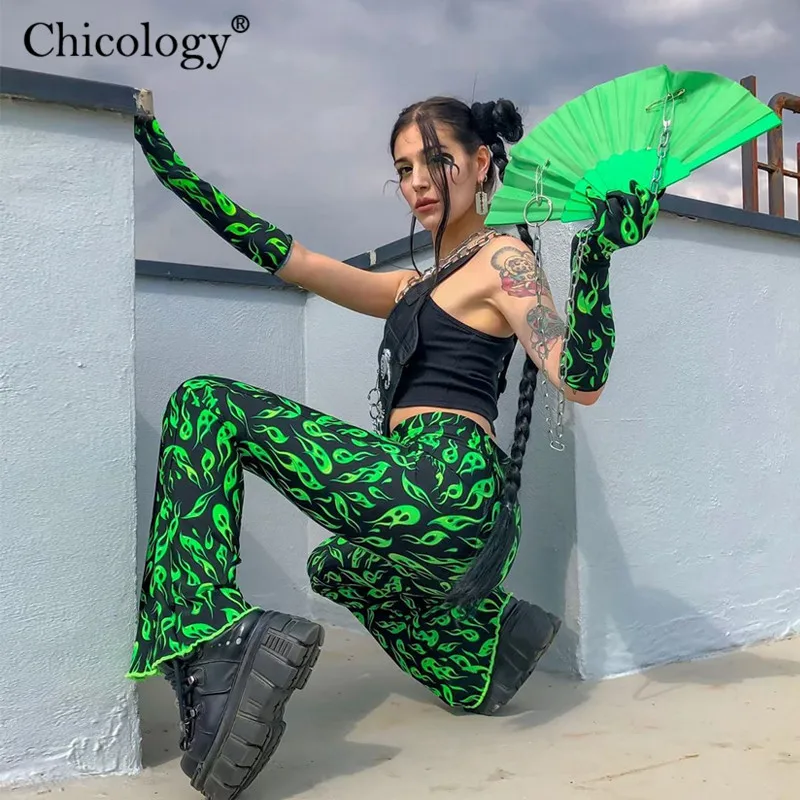 Брюки клеш Chicology с зеленым огненным принтом пикантные женские уличные штаны