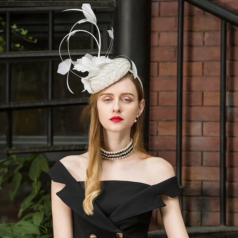 Женская шляпка FS белая винтажная с цветами|Женские фетровые шляпы| |