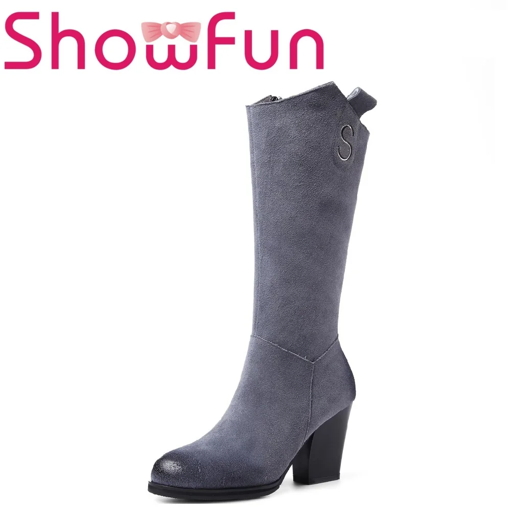 Showfun натуральная кожа женская обувь зима до середины икры с круглым носком на