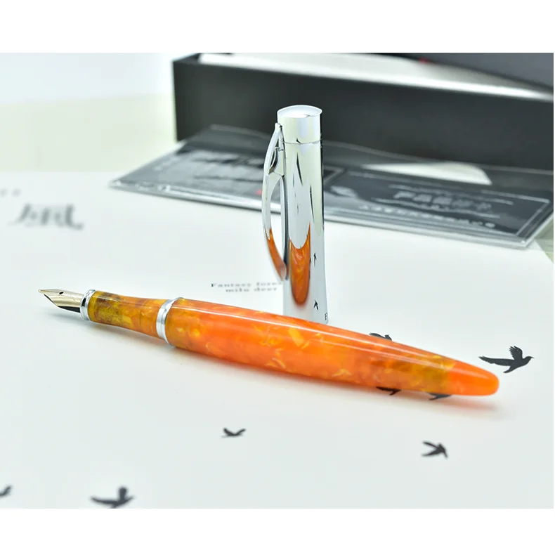 Gold Nib Fountain Pens Small M Nib 0.5mm Black Orange Acrylic Ink Pens for Writing Office Business Gift Pens with Original Box