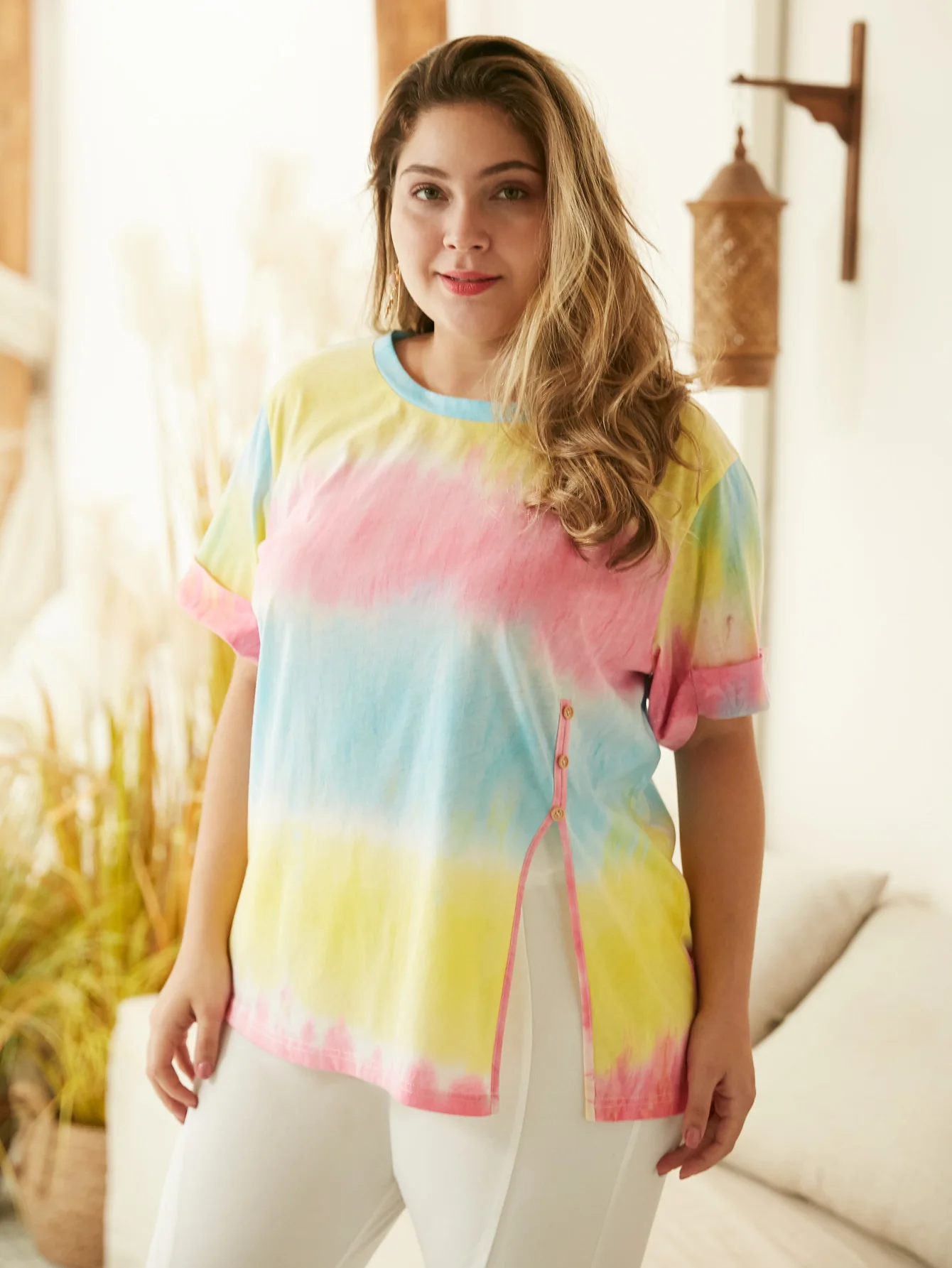 

Fashion Gradient Color Rainbow Round Collar Short Sleeve Button Open Split Large Size T-shirt Women Plus Size Casual Summer Tees