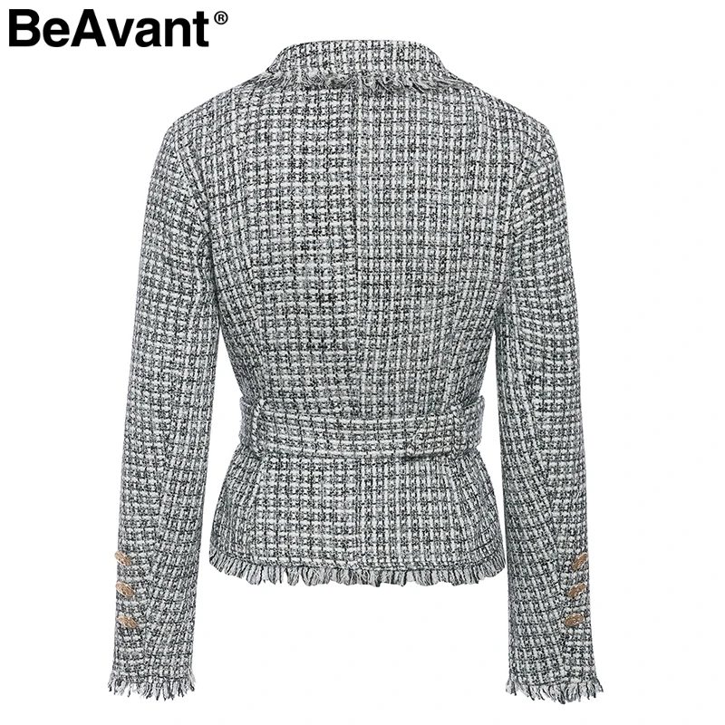 BeAvant плед необработанный край твидовая куртка пальто для женщин v-образный вырез двубортные с пуговицами ремень дамское пальто длинный рукав износоустойчивый фланелевый Блейзер Пальто
