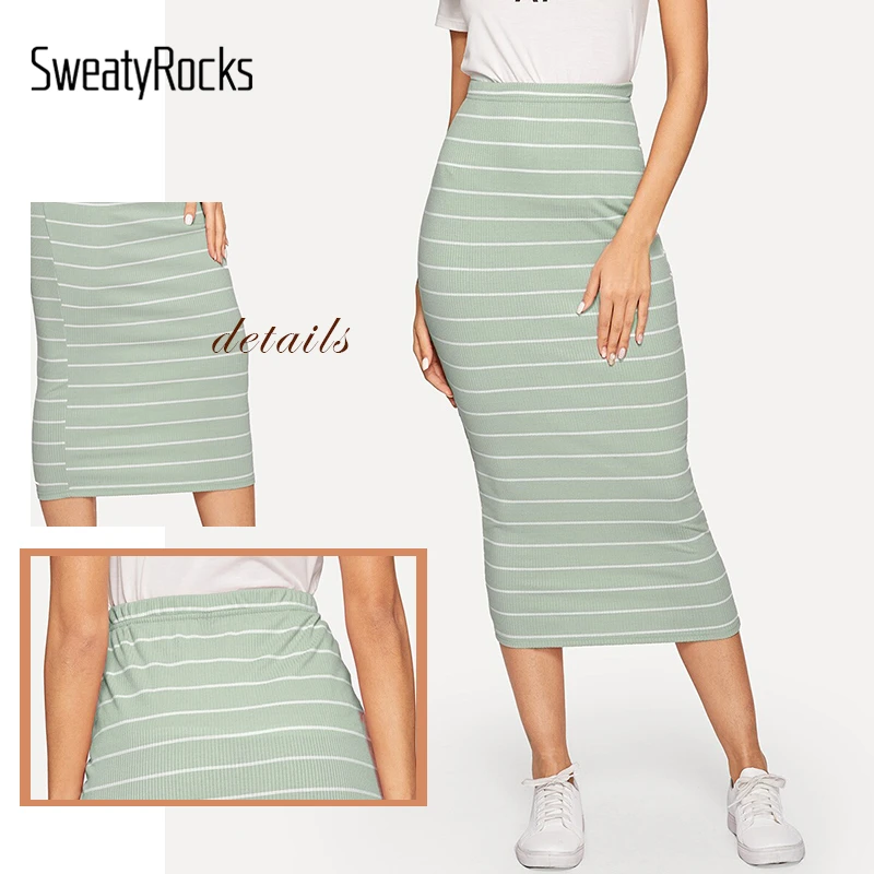 SweatyRocks, высокая талия, ребристая вязка, полосатая облегающая юбка, уличная одежда, женские розовые юбки-карандаш, весна, женские элегантные юбки