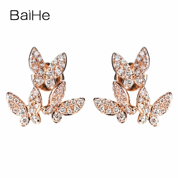 BAIHE Solid 14 K розовое золото H/SI 0.28ct круглые натуральные Алмазы обручальные модные ювелирные изделия элегантные серьги-гвоздики - Цвет камня: Rose Gold