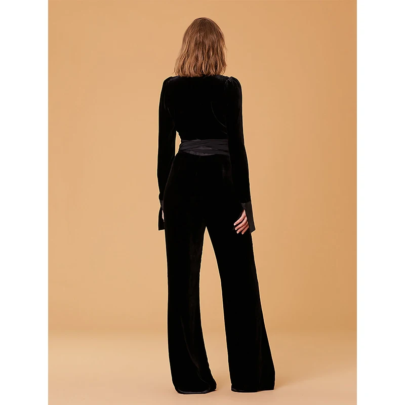 Velvet Jumpsuit Women's Deep V Neck Satin Long Sleeve - Black Elegant Slim Fit Ladies Chic Runway Clothing image 2