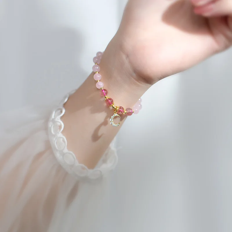 

MloveAcc Fashion Sweet Pink Crystal Beads Elastic Bracelet Women 925 Sterling Silver Moon Charm Gold Color Jewelry
