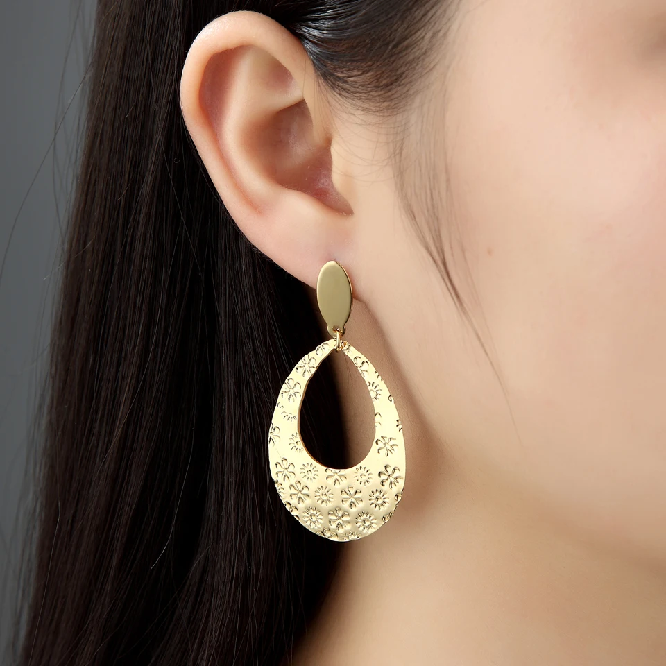 

BORASI Classic Water Drop Flower Big Dangle Earrings For Women Gold Color Stainless Steel Cute Earrings Lady Fashion Jewelry