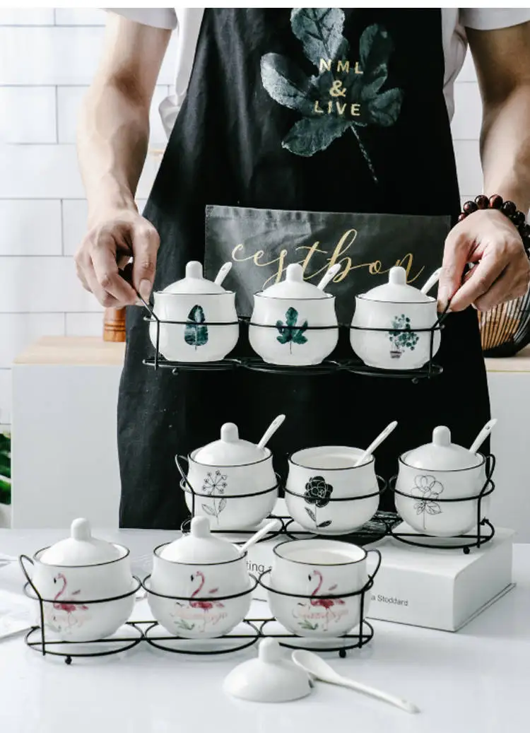 Ceramic Seasoning Jar Three-piece Kitchen Utensils Seasoning Box Household Salt Seasoning Seasoning Tank Combination Set Send