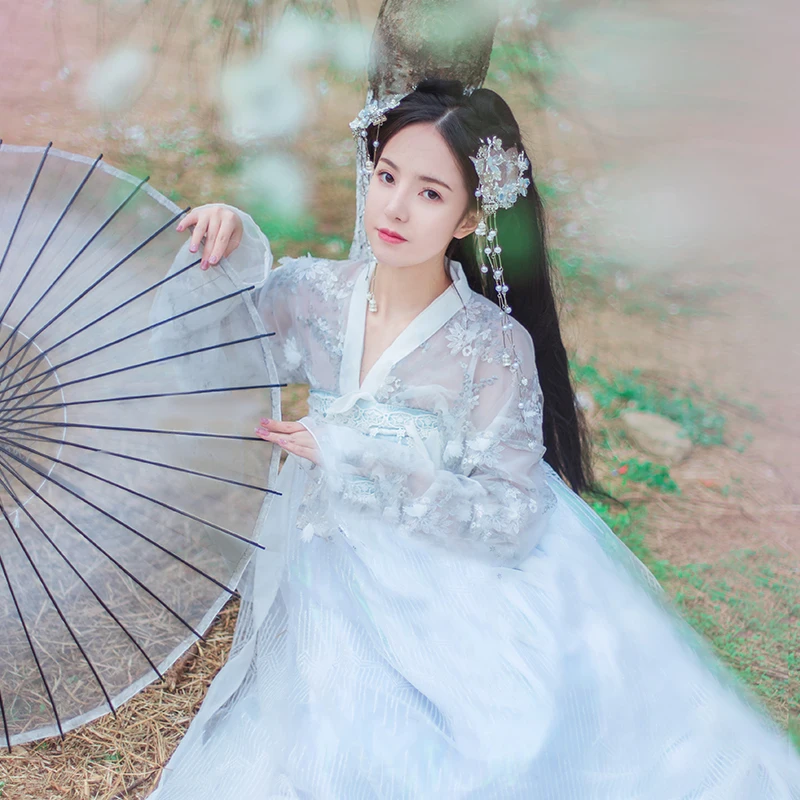 

White Chinese Hanfu For Women Aurora Cloth Fairy Cosplay Ancient People Performance Swing Dancer Stage Costume BL1552
