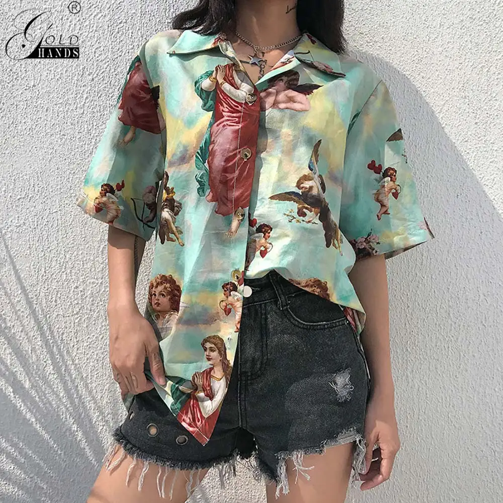 Gold Hands Vintage Aesthetic Cupid Angel Print Women Blouse Shirt Cardigan Short Sleeve Summer Tops Graphic Button | Женская одежда