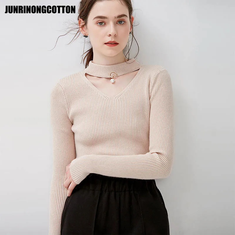autumn winter long sleeve women's sweater elegant slim V neck knitting Pullovers 2018 female Solid color Elasticity jumper | Женская