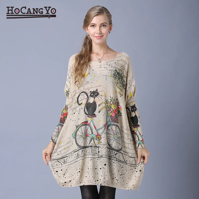 Женский Повседневный свитер пальто с рукавом летучая мышь свитера принтом