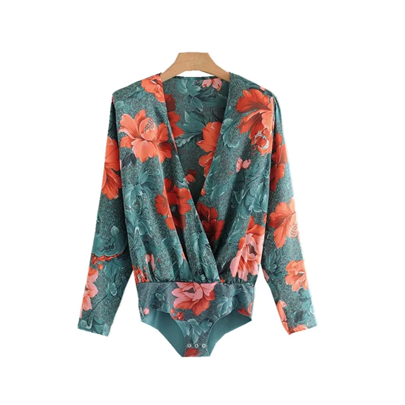 NSZ Women Sexy Bodysuit Print Floral Pleated Elastic Waist Deep V Neck Long Sleeve Party Bodysuits |