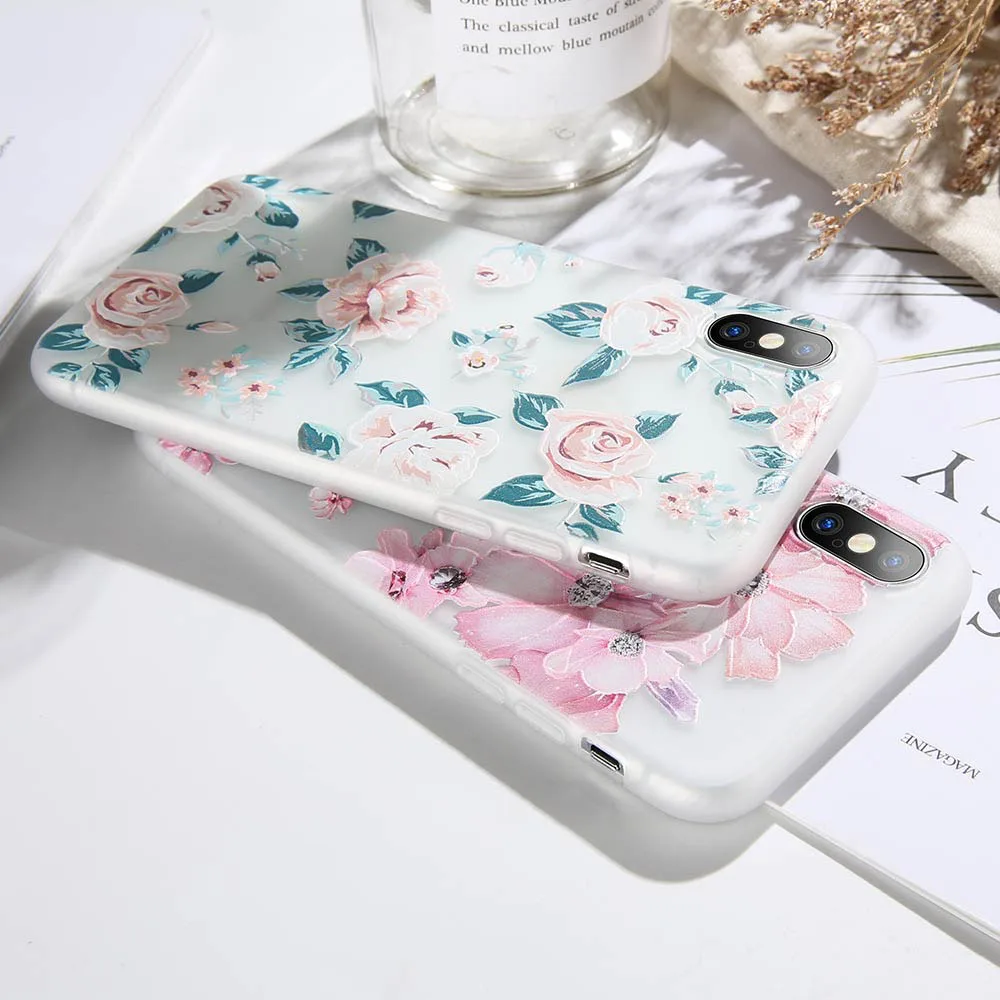 KISSCASE 3D Relief Flower Phone Case For iPhone 7 8 Plus XS Max XR Rose Floral Soft Silicon 6 6S X 5 SE |