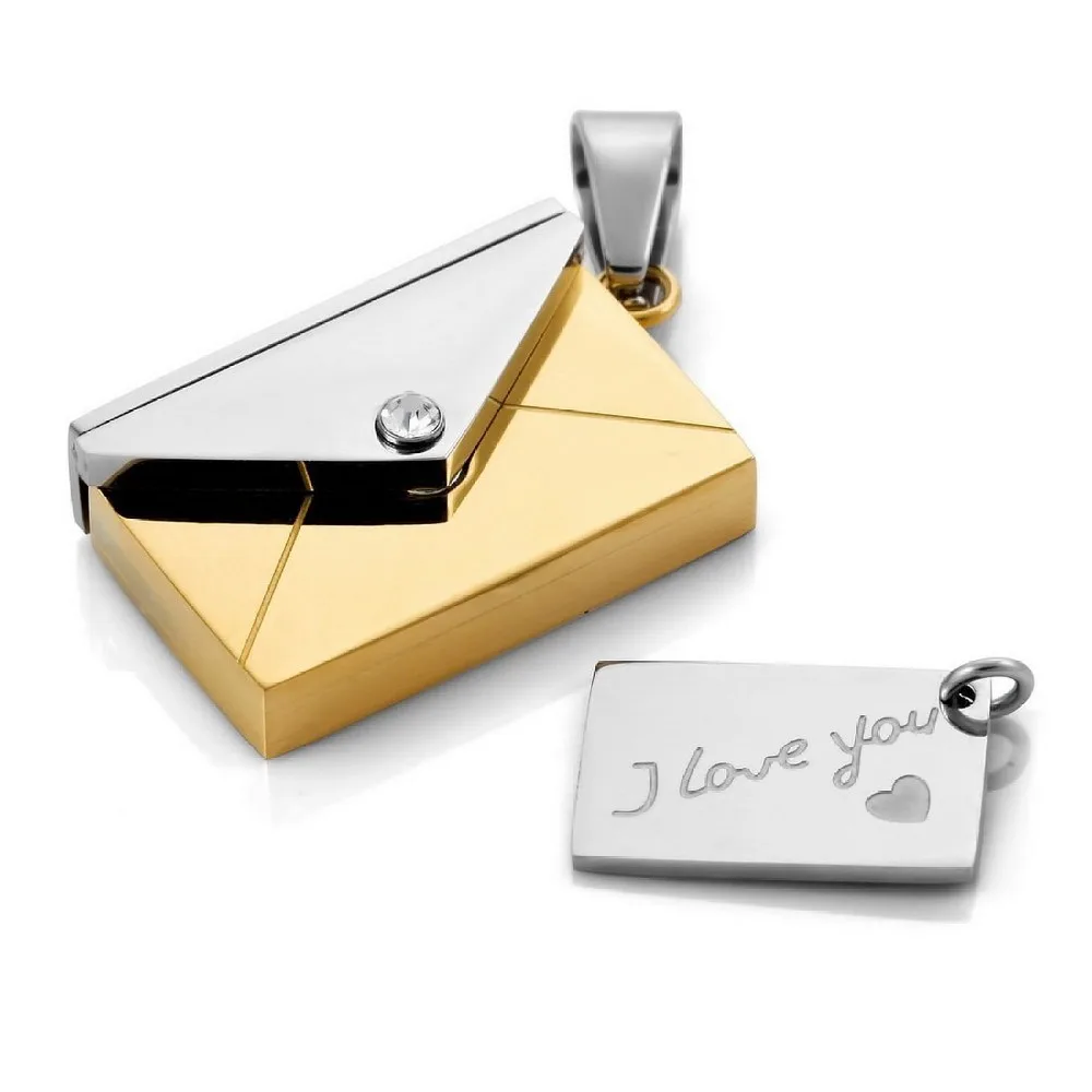 

Men's popular "I love you" stainless steel necklace CZ silver gold envelope love letter unique design stainless steel mens