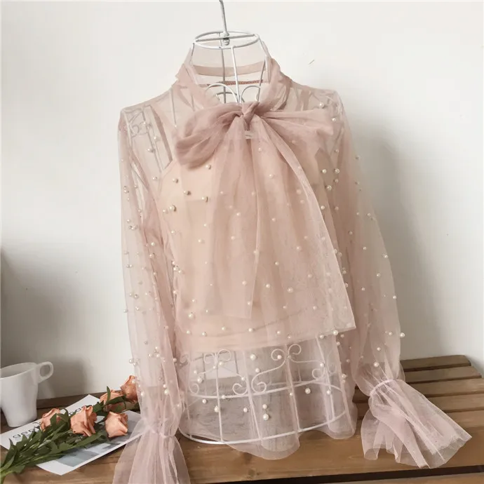 

Transparent Shirt Women Spring 2020 Korean Pearls Beading Bow Collar Long Sleeve Mesh Top Camis Set Black blusa transparente