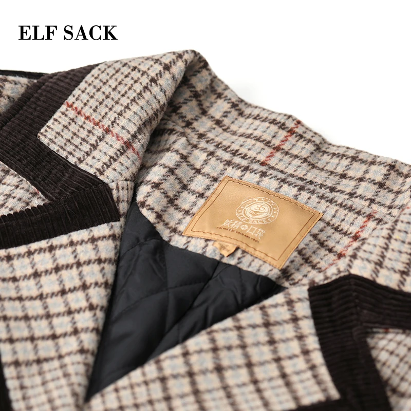 ELFSACK клетчатая британская шерстяная куртка длинное шерстяное пальто для женщин