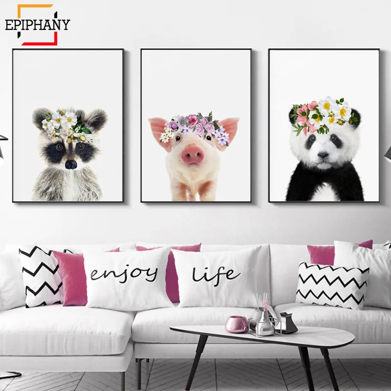 Животные с цветами коронами Жираф панда Зебра обезьяна Художественная печать
