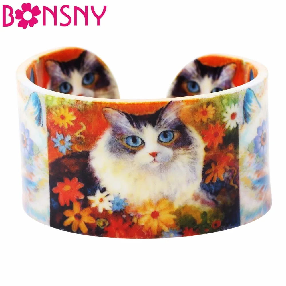 Акриловые широкие Милые Браслеты Bonsny с котенком и цветком модные ювелирные