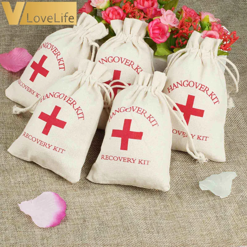 

12pcs Hangover Kit Bags Wedding Favor Holder Bag Red Cross Cotton Linen Gift Bags Recovery Survival Kit Event Party Supplier