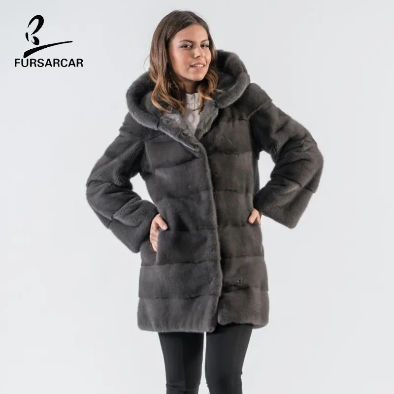 Женское зимнее пальто с капюшоном FURSARCAR темно-серая Толстая теплая куртка из