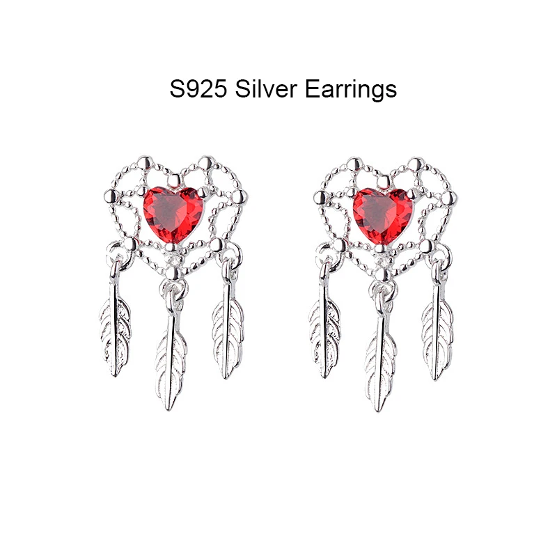 S925 Silver earrings Серебряное красное сердце, Ловец снов, перо, ожерелье 925 AAA, сердце, циркон, подвески, ожерелье для женщин, модное ожерелье, ювелирные изделия для девушек - Окраска металла: S925 Silver earrings