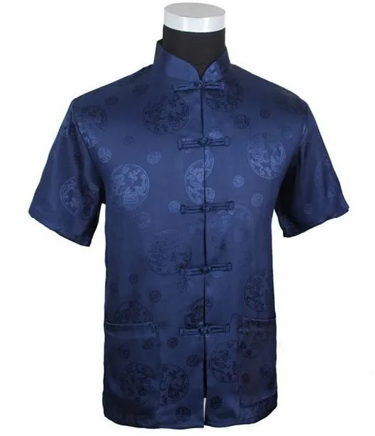 Dark Blue Chinese Men's Silk Satin Kung-Fu Shirt Top with Dragon Size S M L XL XXL XXXL Free Shipping M2066#