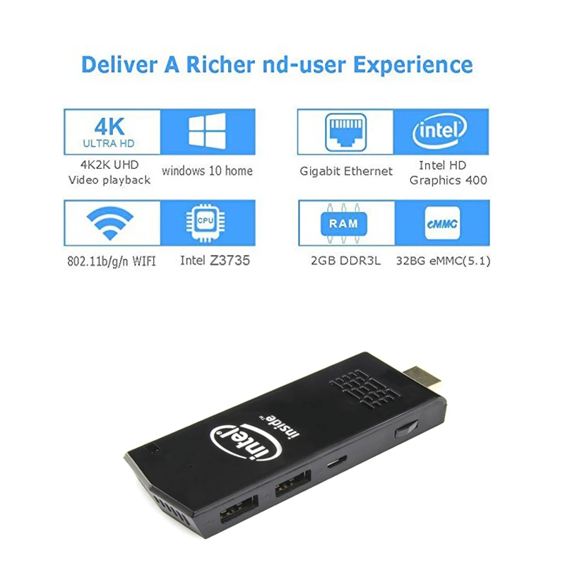 Intel мини ПК W5 компьютерная палка с Windows 10 Atom Z3735 ram 2GB eMMC 32GB Bluetooth 4,0 встроенный вентилятор