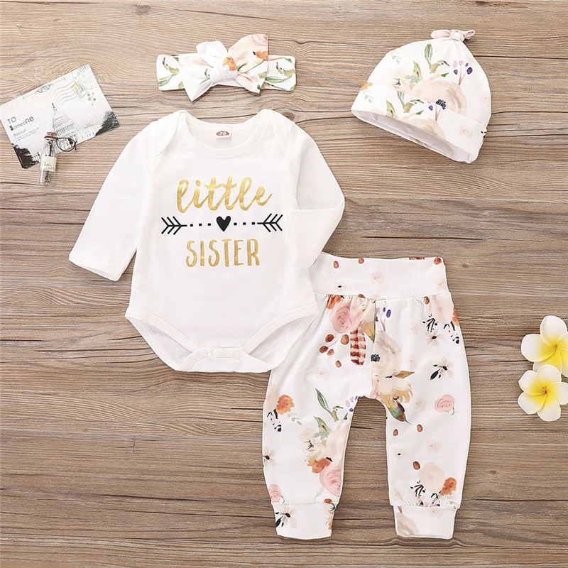 Baby Girl Fall Winter Clothes Set Warm Cotton Little Sister Long Sleeve Romper+Floral Pants+Headband+Hat 4PCS Outfit |