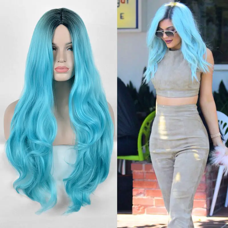 Hot Sell !!! Kylie Jenner Black Green Wig Long Natural Straight Duck Egg Blue Hair Wigs |