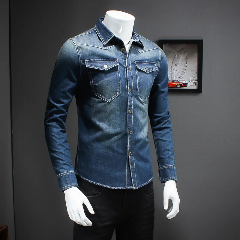 

2019 New Fashion 5XL Mens Long Sleeved Blue Shirts For Men Cowboy Classic Blue Cotton Demin Shirts Plus Size M- 4XL #5508