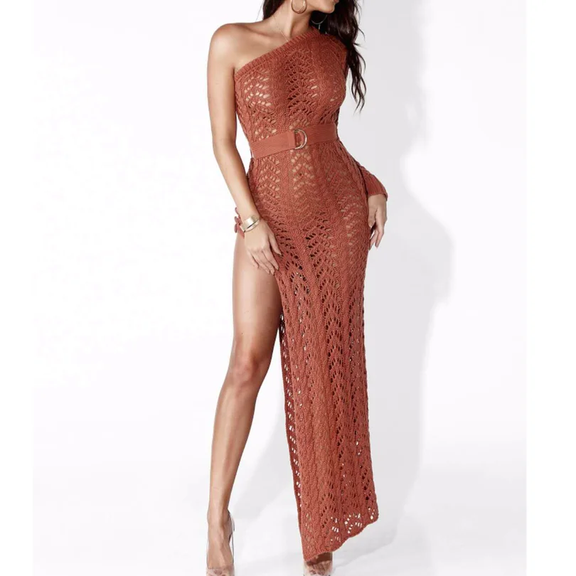 2019 Sexy One Shoulder Irregular Neck Dress Female Knitted Hollow Out Party Rosegold/Silver/White | Женская одежда