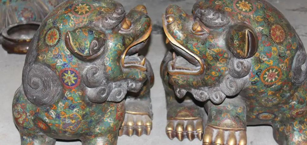 22&quotOld Rare Feng Shui Cloisonne Enamel Gilt Foo Fu Dog Guardion Lion Pair Statue | Дом и сад