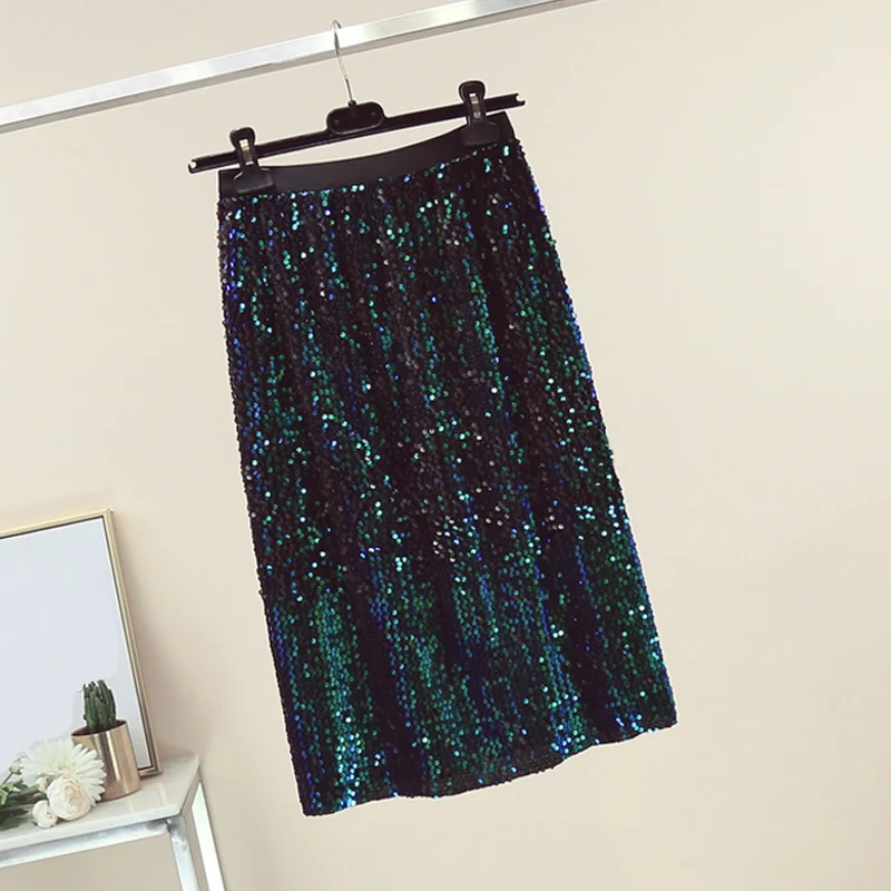 

Fall Fashion Womens Green Black Colored Sequined Elastic High Waisted Skirt , Winter Spring Female Woman Slim Glitters Skirts