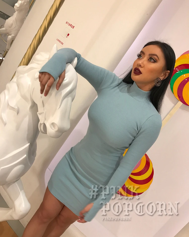 Модное осеннее женское платье с высокой эластичной нитью, вязаное платье с длинным рукавом, облегающее стрейчевое женское однотонное повседневное вечерние платья для девушек