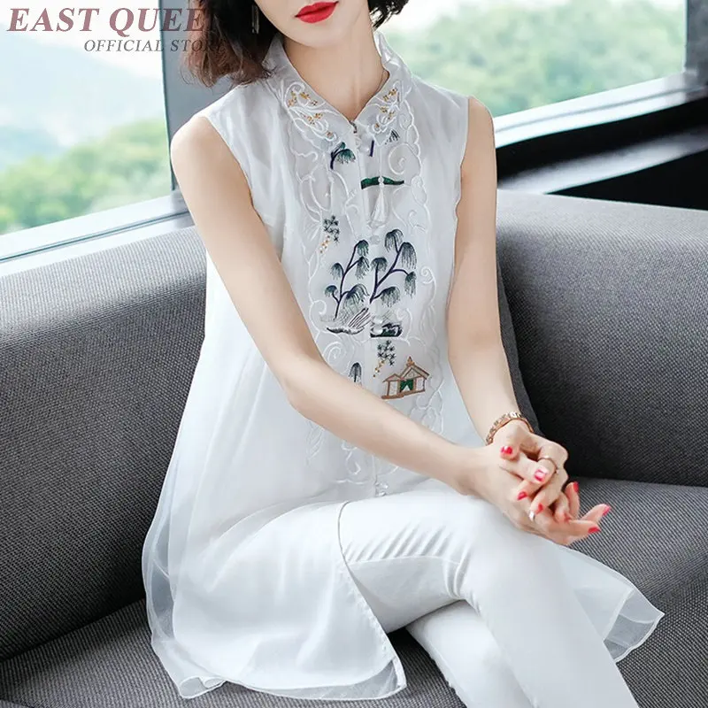 New Chiffon Blouse Embroidery White Shirts Stand Collar Short Sleeve Long Shirt Female Tunic Women Tops Summer TA1711