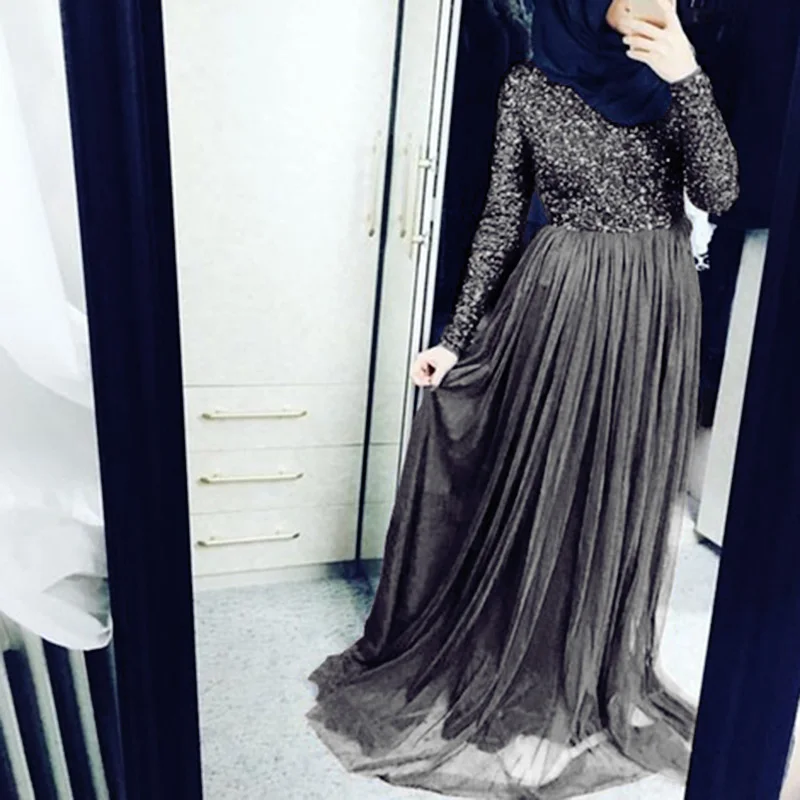 Женское платье с длинным рукавом фатиновые макси платья блестящие Исламские