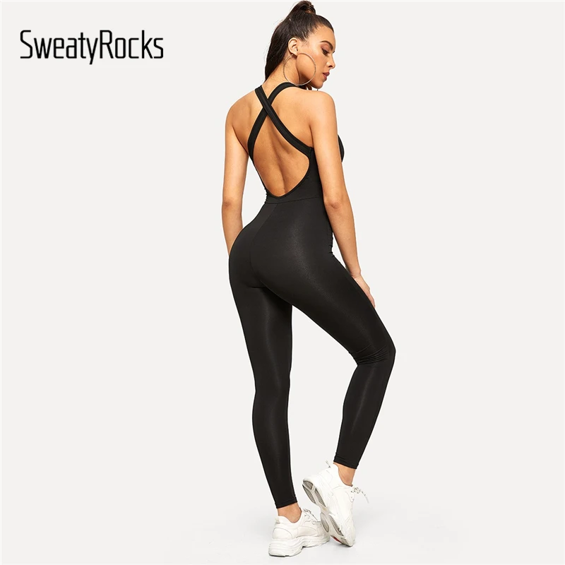 SweatyRocks крест-накрест сзади Совок Шеи Сплошной Тощий Сексуальный Облегающий комбинезон спортивная одежда для женщин фитнес черный комбинезон