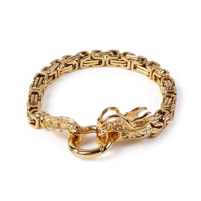 

Punk Gold Color Biker Dragon Head Bracelet For Men Hiphop Retro Stainless Steel Byzantine Chain Wheat Cable Link Bangle Jewelry