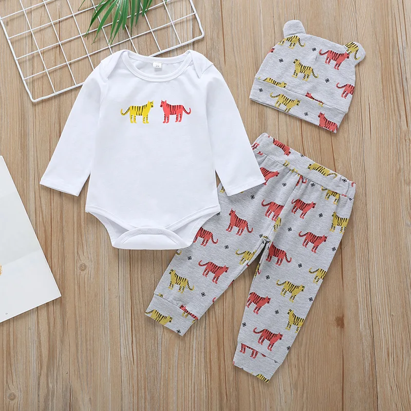 

Infant Baby Boy Clothing Set 2019 Fashion Animal Printing Tiger Romper+Pants+Hat 3 Pieces Baby Girl Clothing Pajamas Sets