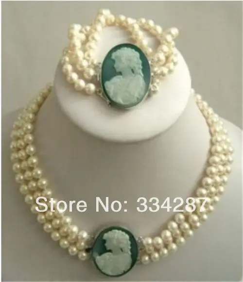 

wholesale good 3Rows 7-8mm White Akoya Pearl Cameo Beads Necklace 17-18" Bracelet 7.5"