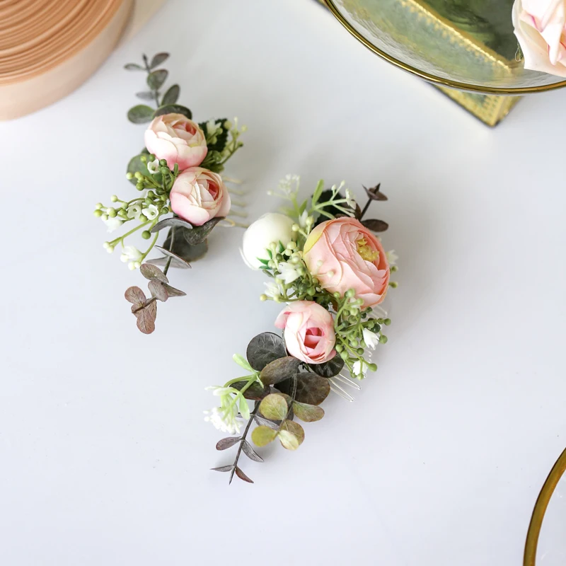 

Handmade Greenery Hair Comb Bride Head Piece Pink Flower and Leaf Headwear for Wedding Ceremony