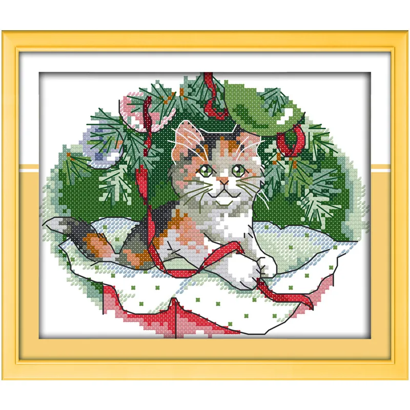 Рождественский котенок Diy картины кошка вышивка крестом китайские наборы