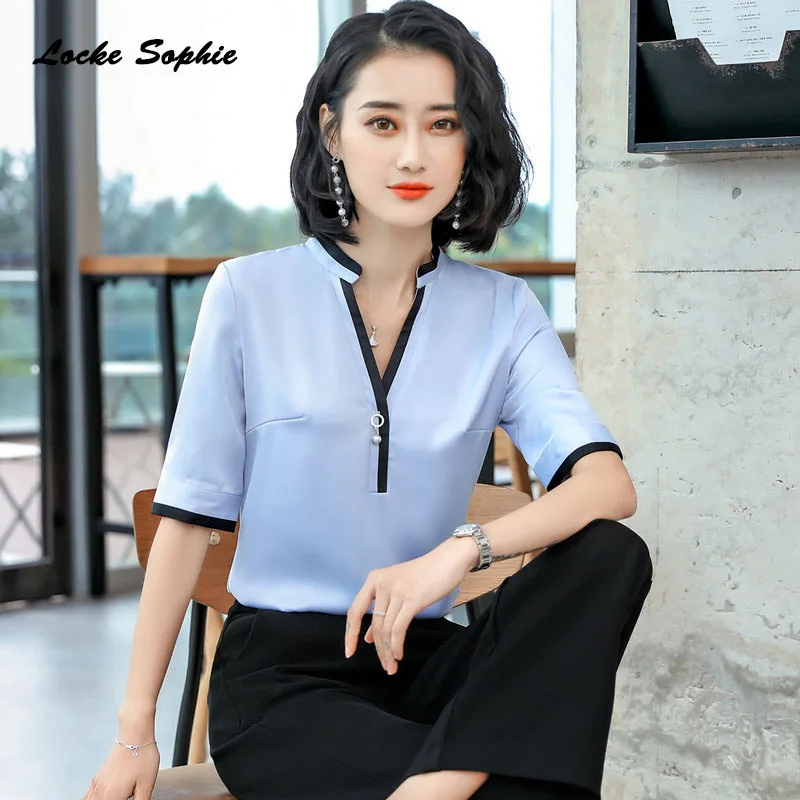 1pcs Ladies Plus size Slim fit blouses tops 2019 Summer Fashion cotton blend Splicing V-neck Primer shirts women's Skinny |