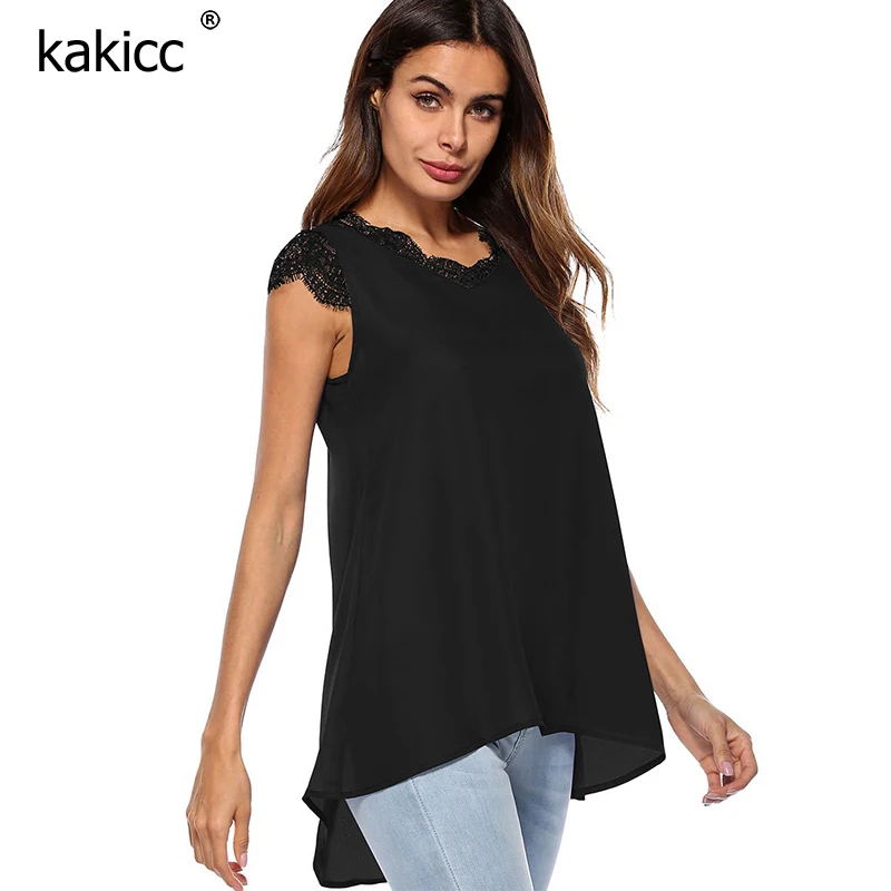 Lace Spliced Chiffon Women Blouses V Neck Sleeveless Shirts Summer Loose Casual Female Fashions Elegant White Solid Tops |