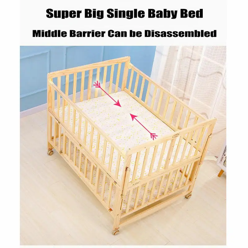 Multifunctional Twins Bed With Bedding Set and Mosquito Net, Bed can Extend and can Joint With Adult Bed, Pine Wood Baby Crib