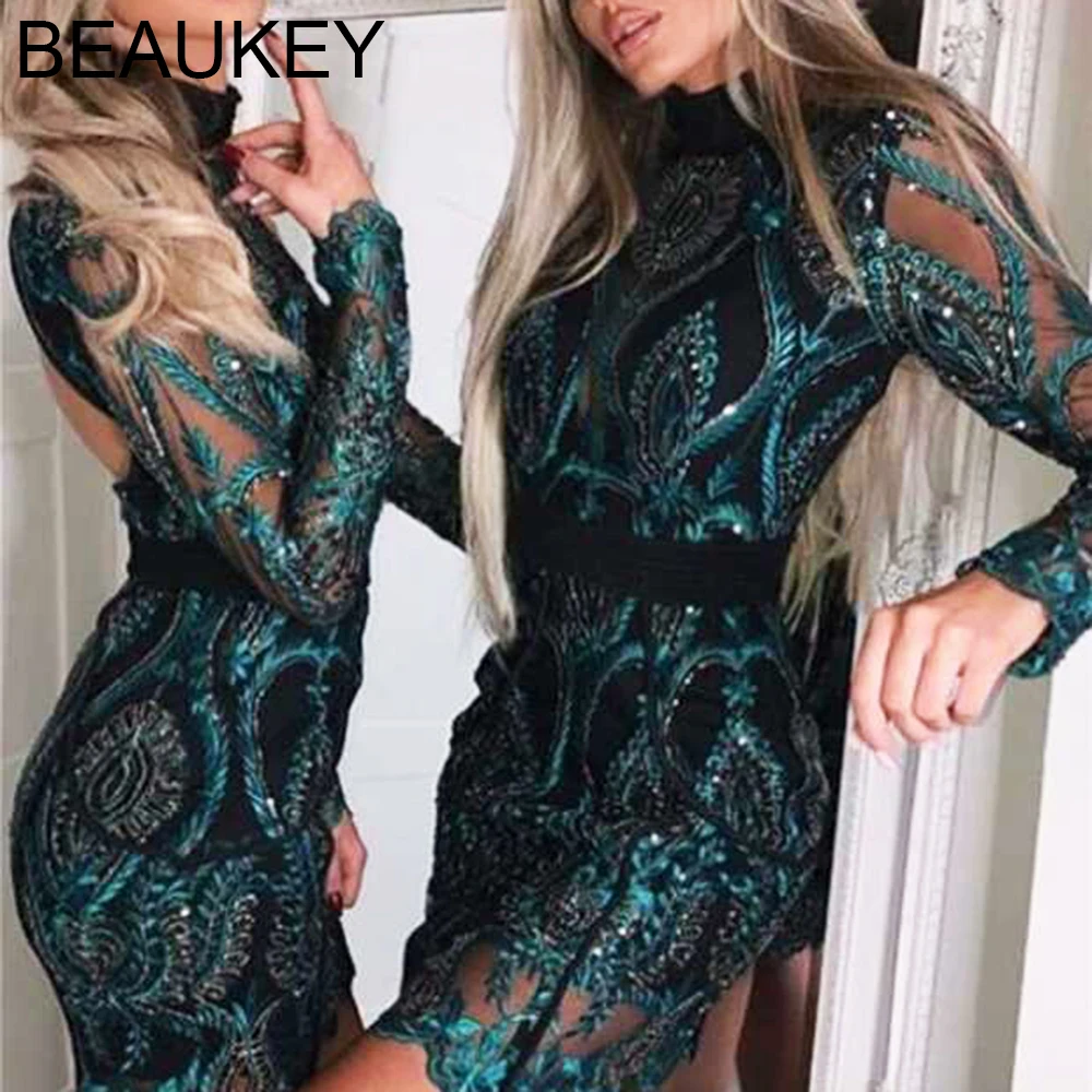 Женское платье из вискозы с длинным рукавом и блестками|Женские платья| |